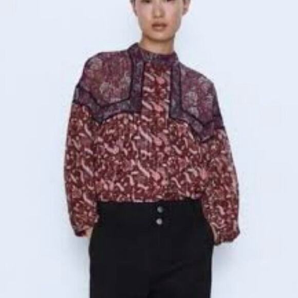 ZARA High Neck Sheer Floral Lace Bishop Sleeve  Babydoll Top Size Medium - Picture 1 of 14